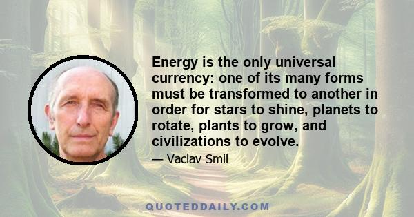 Energy is the only universal currency: one of its many forms must be transformed to another in order for stars to shine, planets to rotate, plants to grow, and civilizations to evolve.