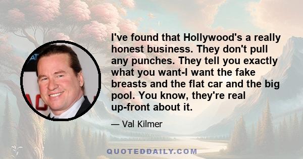 I've found that Hollywood's a really honest business. They don't pull any punches. They tell you exactly what you want-I want the fake breasts and the flat car and the big pool. You know, they're real up-front about it.