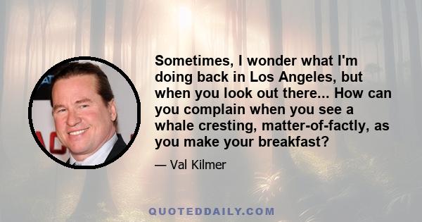 Sometimes, I wonder what I'm doing back in Los Angeles, but when you look out there... How can you complain when you see a whale cresting, matter-of-factly, as you make your breakfast?