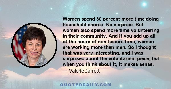 Women spend 30 percent more time doing household chores. No surprise. But women also spend more time volunteering in their community. And if you add up all of the hours of non-leisure time, women are working more than