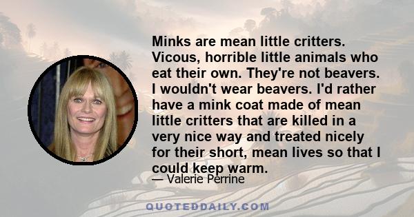 Minks are mean little critters. Vicous, horrible little animals who eat their own. They're not beavers. I wouldn't wear beavers. I'd rather have a mink coat made of mean little critters that are killed in a very nice