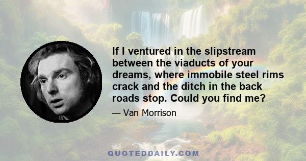 If I ventured in the slipstream between the viaducts of your dreams, where immobile steel rims crack and the ditch in the back roads stop. Could you find me?