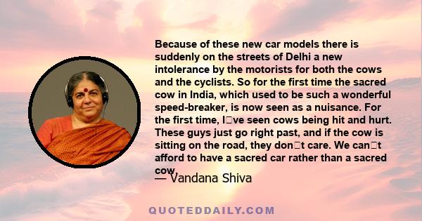 Because of these new car models there is suddenly on the streets of Delhi a new intolerance by the motorists for both the cows and the cyclists. So for the first time the sacred cow in India, which used to be such a