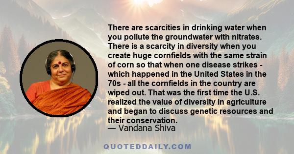 There are scarcities in drinking water when you pollute the groundwater with nitrates. There is a scarcity in diversity when you create huge cornfields with the same strain of corn so that when one disease strikes -