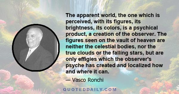 The apparent world, the one which is perceived, with its figures, its brightness, its colors, is a psychical product, a creation of the observer. The figures seen on the vault of heaven are neither the celestial bodies, 