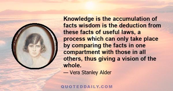 Knowledge is the accumulation of facts wisdom is the deduction from these facts of useful laws, a process which can only take place by comparing the facts in one compartment with those in all others, thus giving a