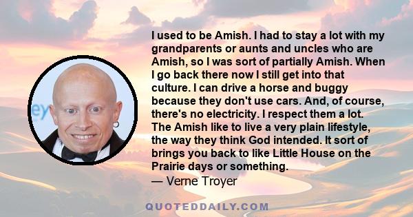 I used to be Amish. I had to stay a lot with my grandparents or aunts and uncles who are Amish, so I was sort of partially Amish. When I go back there now I still get into that culture. I can drive a horse and buggy