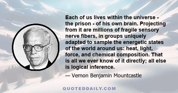 Each of us lives within the universe - the prison - of his own brain. Projecting from it are millions of fragile sensory nerve fibers, in groups uniquely adapted to sample the energetic states of the world around us: