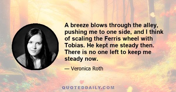 A breeze blows through the alley, pushing me to one side, and I think of scaling the Ferris wheel with Tobias. He kept me steady then. There is no one left to keep me steady now.