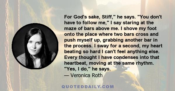 For God's sake, Stiff, he says. You don't have to follow me, I say staring at the maze of bars above me. I shove my foot onto the place where two bars cross and push myself up, grabbing another bar in the process. I