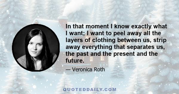 In that moment I know exactly what I want; I want to peel away all the layers of clothing between us, strip away everything that separates us, the past and the present and the future.