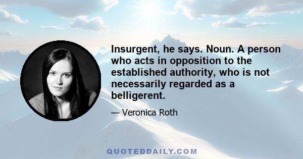 Insurgent, he says. Noun. A person who acts in opposition to the established authority, who is not necessarily regarded as a belligerent.