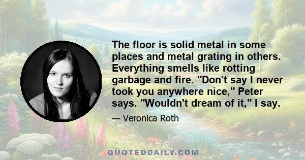 The floor is solid metal in some places and metal grating in others. Everything smells like rotting garbage and fire. Don't say I never took you anywhere nice, Peter says. Wouldn't dream of it, I say.