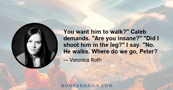 You want him to walk? Caleb demands. Are you insane? Did I shoot him in the leg? I say. No. He walks. Where do we go, Peter?