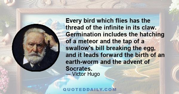 Every bird which flies has the thread of the infinite in its claw. Germination includes the hatching of a meteor and the tap of a swallow's bill breaking the egg, and it leads forward the birth of an earth-worm and the