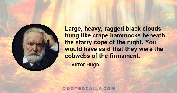 Large, heavy, ragged black clouds hung like crape hammocks beneath the starry cope of the night. You would have said that they were the cobwebs of the firmament.