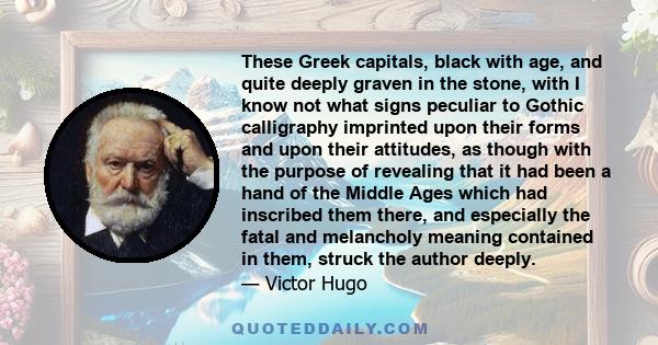 These Greek capitals, black with age, and quite deeply graven in the stone, with I know not what signs peculiar to Gothic calligraphy imprinted upon their forms and upon their attitudes, as though with the purpose of