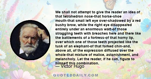 We shall not attempt to give the reader an idea of that tetrahedron nose-that horse-shoe mouth-that small left eye over-shadowed by a red bushy brow, while the right eye disappeared entirely under an enormous wart-of