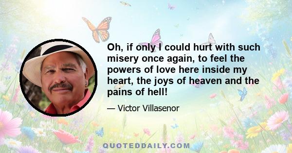 Oh, if only I could hurt with such misery once again, to feel the powers of love here inside my heart, the joys of heaven and the pains of hell!