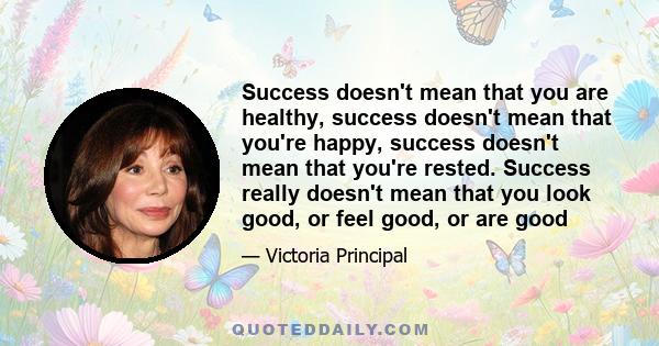 Success doesn't mean that you are healthy, success doesn't mean that you're happy, success doesn't mean that you're rested. Success really doesn't mean that you look good, or feel good, or are good