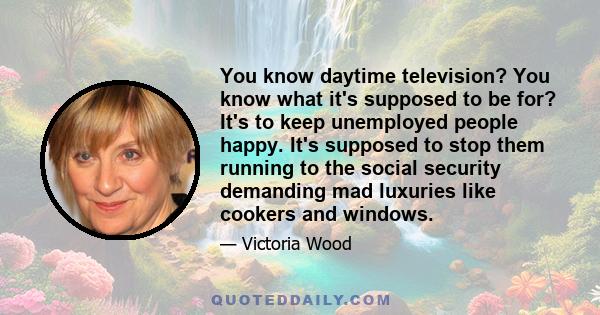 You know daytime television? You know what it's supposed to be for? It's to keep unemployed people happy. It's supposed to stop them running to the social security demanding mad luxuries like cookers and windows.