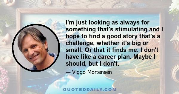 I'm just looking as always for something that's stimulating and I hope to find a good story that's a challenge, whether it's big or small. Or that it finds me. I don't have like a career plan. Maybe I should, but I