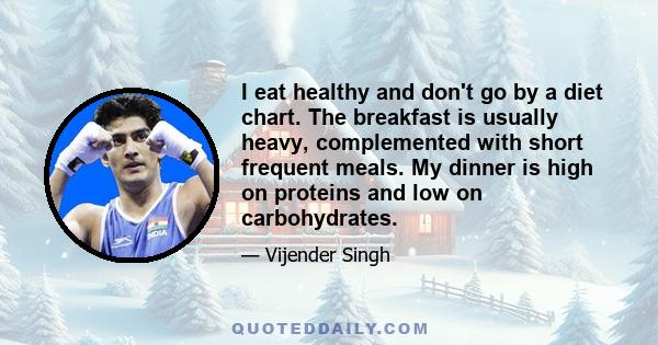 I eat healthy and don't go by a diet chart. The breakfast is usually heavy, complemented with short frequent meals. My dinner is high on proteins and low on carbohydrates.