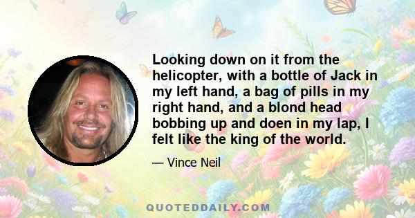 Looking down on it from the helicopter, with a bottle of Jack in my left hand, a bag of pills in my right hand, and a blond head bobbing up and doen in my lap, I felt like the king of the world.