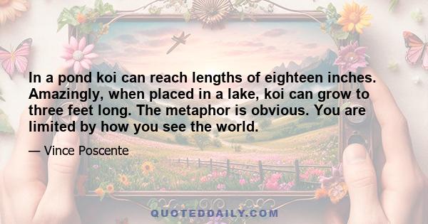 In a pond koi can reach lengths of eighteen inches. Amazingly, when placed in a lake, koi can grow to three feet long. The metaphor is obvious. You are limited by how you see the world.