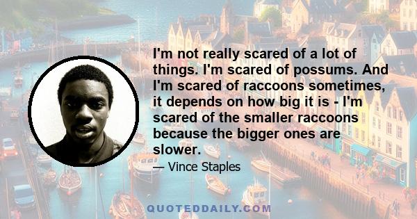 I'm not really scared of a lot of things. I'm scared of possums. And I'm scared of raccoons sometimes, it depends on how big it is - I'm scared of the smaller raccoons because the bigger ones are slower.