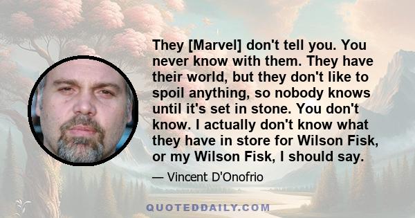 They [Marvel] don't tell you. You never know with them. They have their world, but they don't like to spoil anything, so nobody knows until it's set in stone. You don't know. I actually don't know what they have in