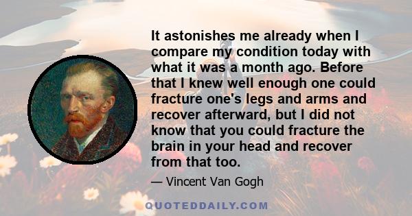 It astonishes me already when I compare my condition today with what it was a month ago. Before that I knew well enough one could fracture one's legs and arms and recover afterward, but I did not know that you could