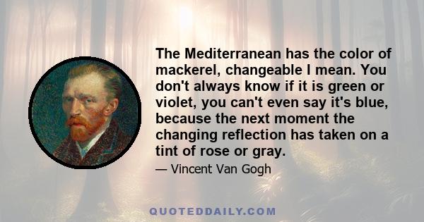 The Mediterranean has the color of mackerel, changeable I mean. You don't always know if it is green or violet, you can't even say it's blue, because the next moment the changing reflection has taken on a tint of rose