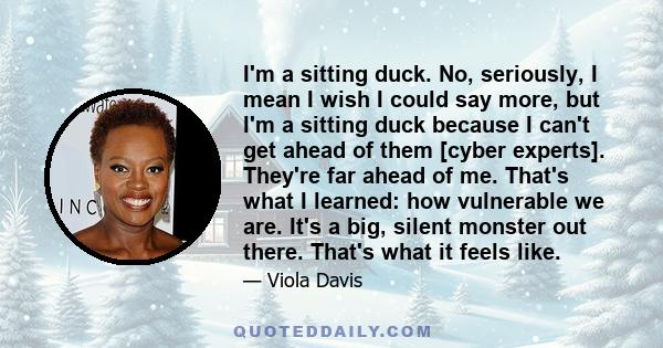 I'm a sitting duck. No, seriously, I mean I wish I could say more, but I'm a sitting duck because I can't get ahead of them [cyber experts]. They're far ahead of me. That's what I learned: how vulnerable we are. It's a