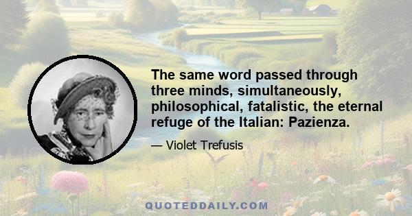 The same word passed through three minds, simultaneously, philosophical, fatalistic, the eternal refuge of the Italian: Pazienza.