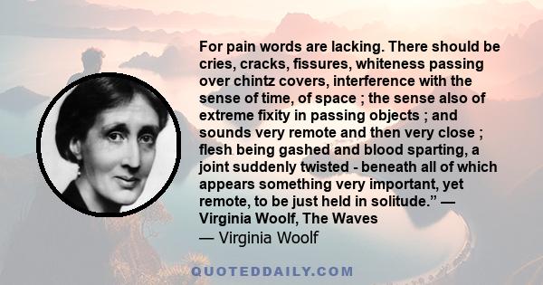 For pain words are lacking. There should be cries, cracks, fissures, whiteness passing over chintz covers, interference with the sense of time, of space ; the sense also of extreme fixity in passing objects ; and sounds 