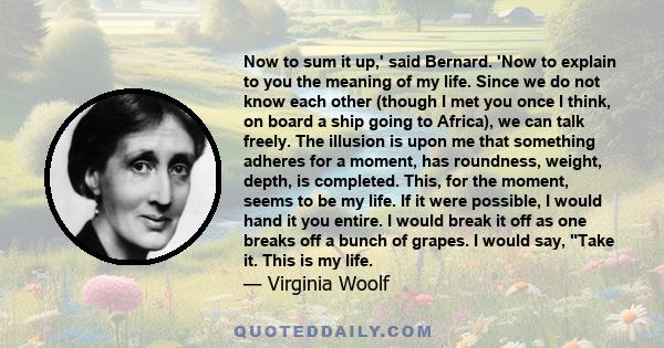 Now to sum it up,' said Bernard. 'Now to explain to you the meaning of my life. Since we do not know each other (though I met you once I think, on board a ship going to Africa), we can talk freely. The illusion is upon