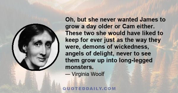 Oh, but she never wanted James to grow a day older or Cam either. These two she would have liked to keep for ever just as the way they were, demons of wickedness, angels of delight, never to see them grow up into