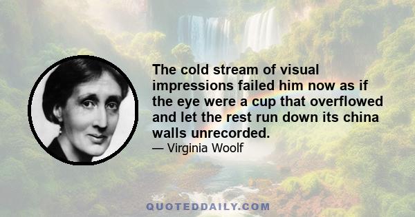 The cold stream of visual impressions failed him now as if the eye were a cup that overflowed and let the rest run down its china walls unrecorded.