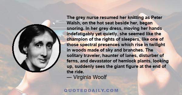 The grey nurse resumed her knitting as Peter Walsh, on the hot seat beside her, began snoring. In her grey dress, moving her hands indefatigably yet quietly, she seemed like the champion of the rights of sleepers, like