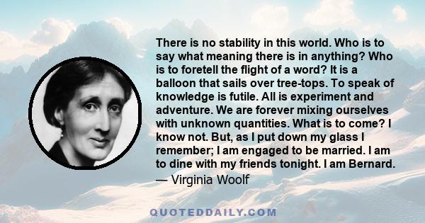 There is no stability in this world. Who is to say what meaning there is in anything? Who is to foretell the flight of a word? It is a balloon that sails over tree-tops. To speak of knowledge is futile. All is