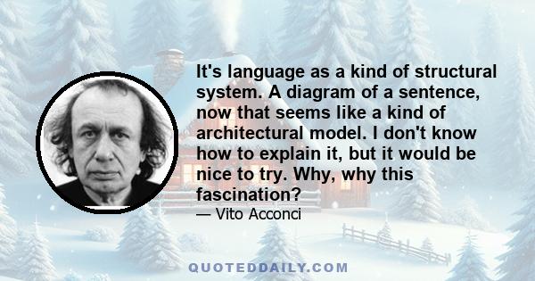 It's language as a kind of structural system. A diagram of a sentence, now that seems like a kind of architectural model. I don't know how to explain it, but it would be nice to try. Why, why this fascination?