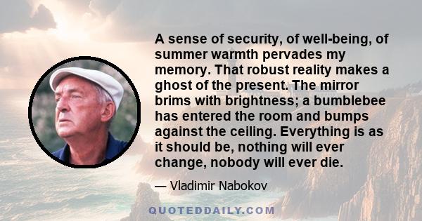 A sense of security, of well-being, of summer warmth pervades my memory. That robust reality makes a ghost of the present. The mirror brims with brightness; a bumblebee has entered the room and bumps against the