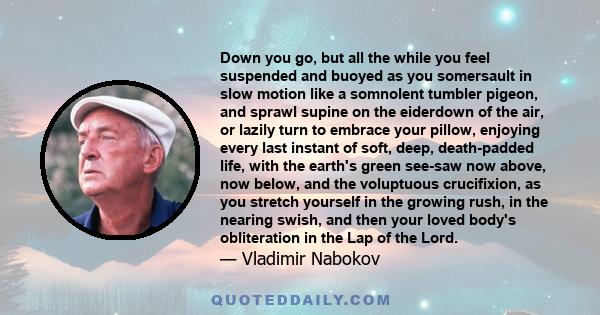 Down you go, but all the while you feel suspended and buoyed as you somersault in slow motion like a somnolent tumbler pigeon, and sprawl supine on the eiderdown of the air, or lazily turn to embrace your pillow,