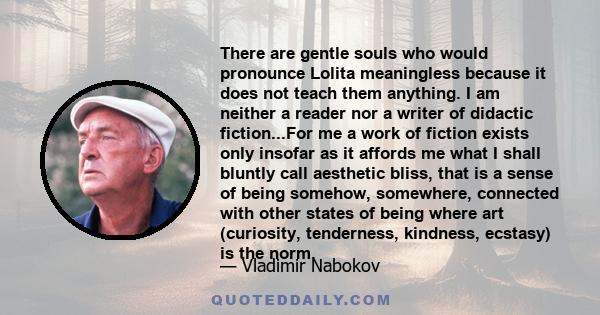 There are gentle souls who would pronounce Lolita meaningless because it does not teach them anything. I am neither a reader nor a writer of didactic fiction...For me a work of fiction exists only insofar as it affords