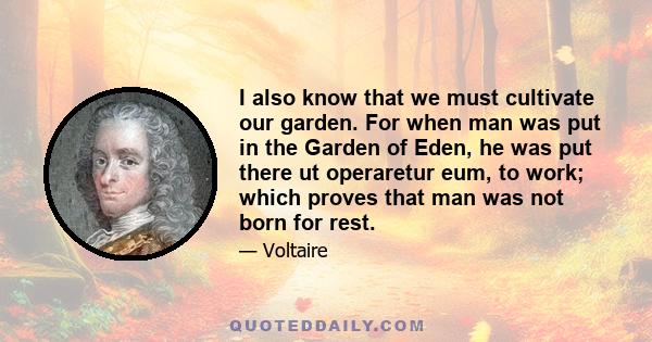 I also know that we must cultivate our garden. For when man was put in the Garden of Eden, he was put there ut operaretur eum, to work; which proves that man was not born for rest.