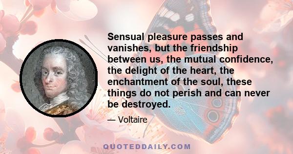 Sensual pleasure passes and vanishes, but the friendship between us, the mutual confidence, the delight of the heart, the enchantment of the soul, these things do not perish and can never be destroyed.