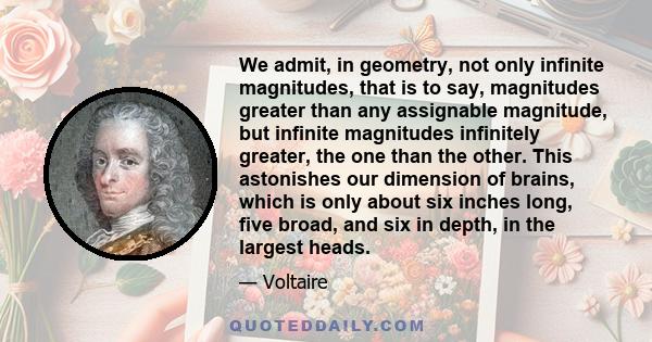 We admit, in geometry, not only infinite magnitudes, that is to say, magnitudes greater than any assignable magnitude, but infinite magnitudes infinitely greater, the one than the other. This astonishes our dimension of 