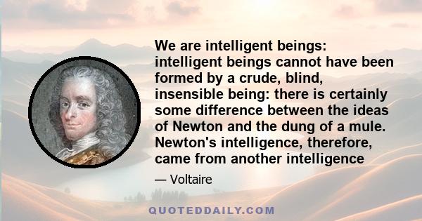 We are intelligent beings: intelligent beings cannot have been formed by a crude, blind, insensible being: there is certainly some difference between the ideas of Newton and the dung of a mule. Newton's intelligence,