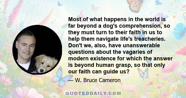 Most of what happens in the world is far beyond a dog's comprehension, so they must turn to their faith in us to help them navigate life's treacheries. Don't we, also, have unanswerable questions about the vagaries of